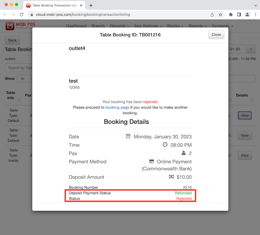 mobipos reject booking deposit refunded