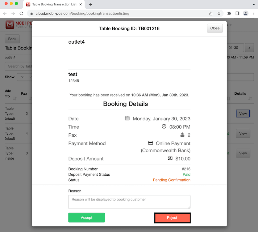 mobipos reject booking