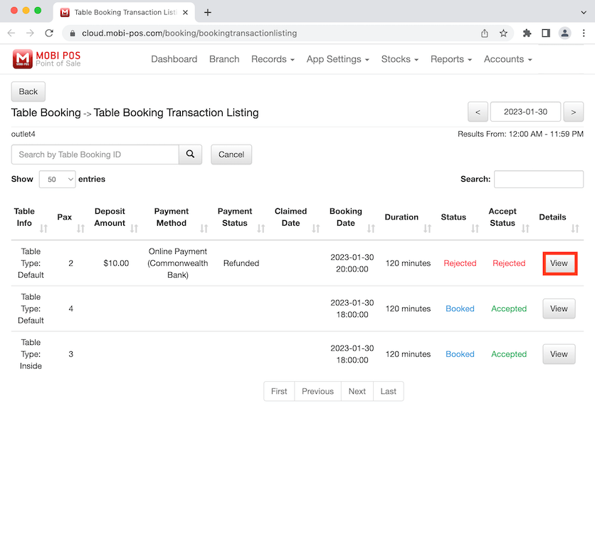 mobipos select booking to view