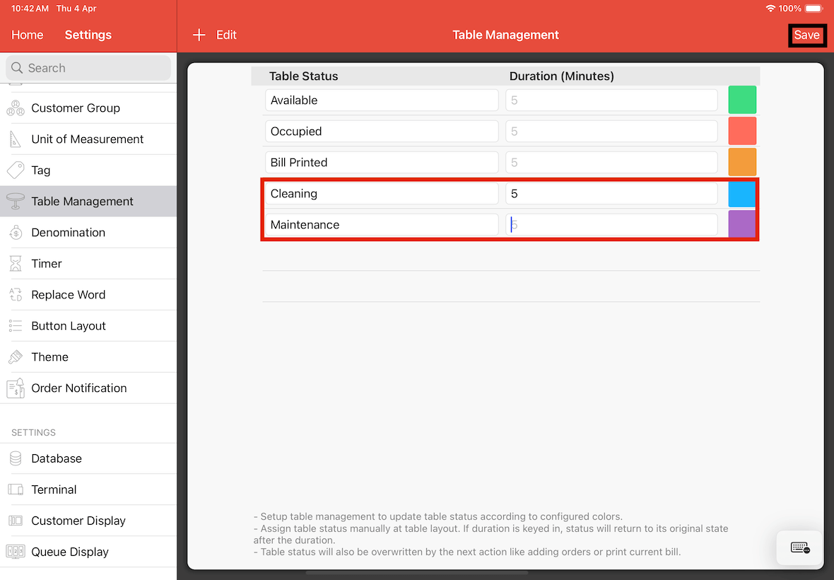 add table status 2