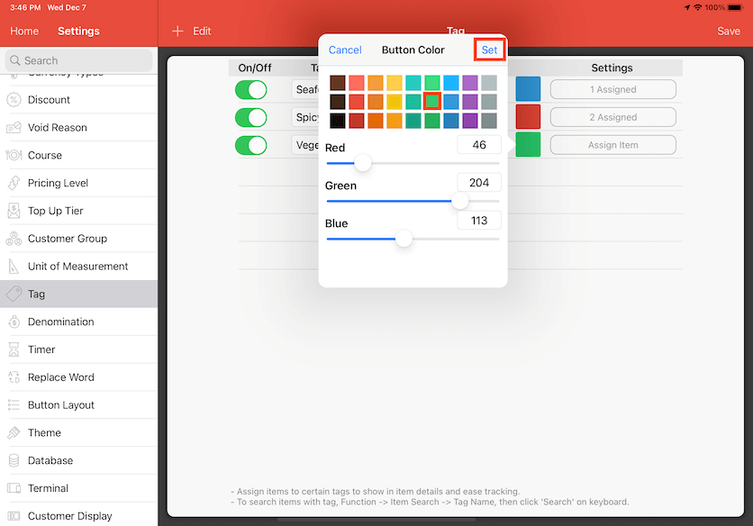 mobipos set tag colour