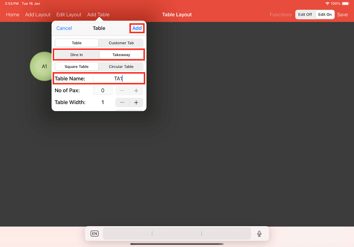 mobi-post table layout add table process