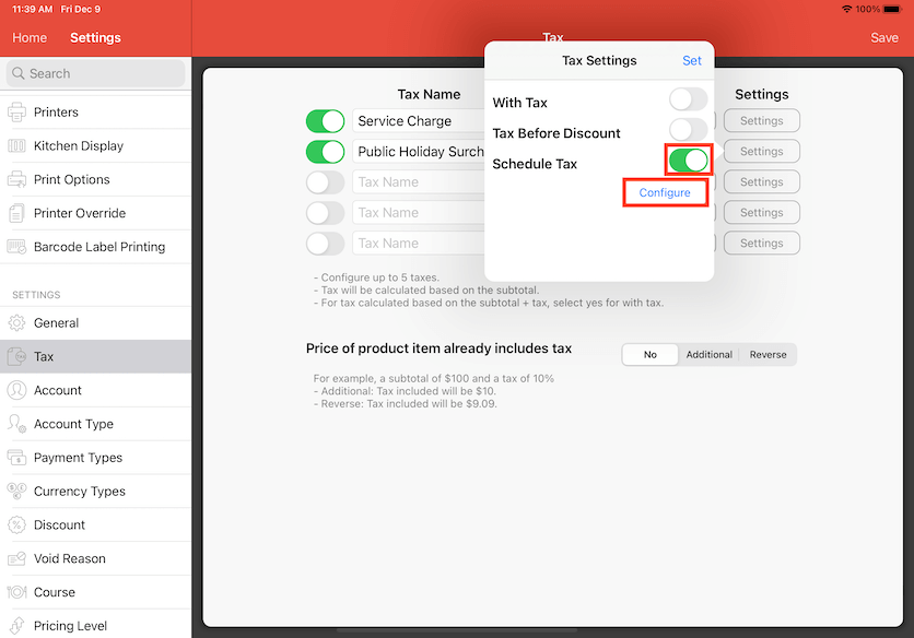 mobipos schedule tax configure