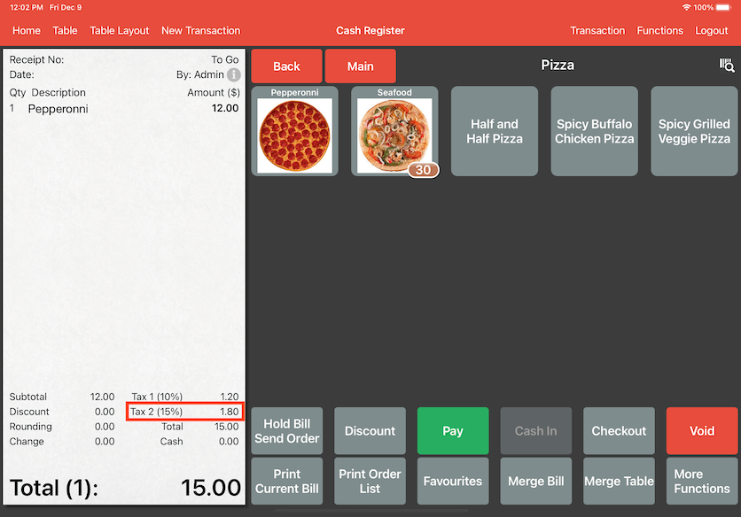 mobipos schedule tax in bill