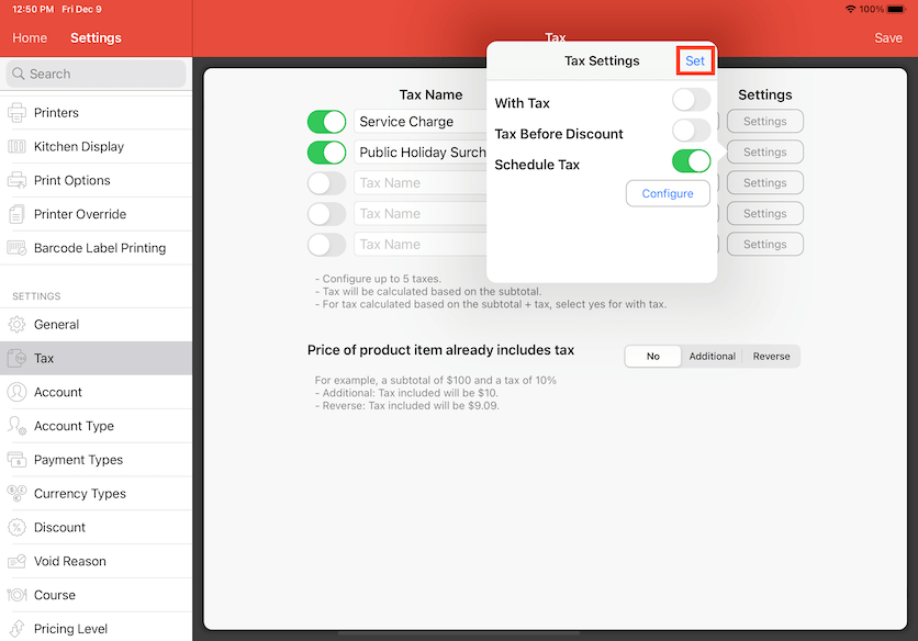 mobipos set tax settings