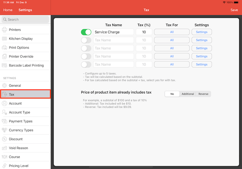 mobipos settings tax