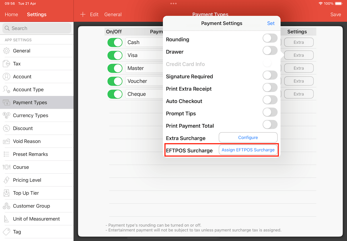 assign eftpos surcharge list