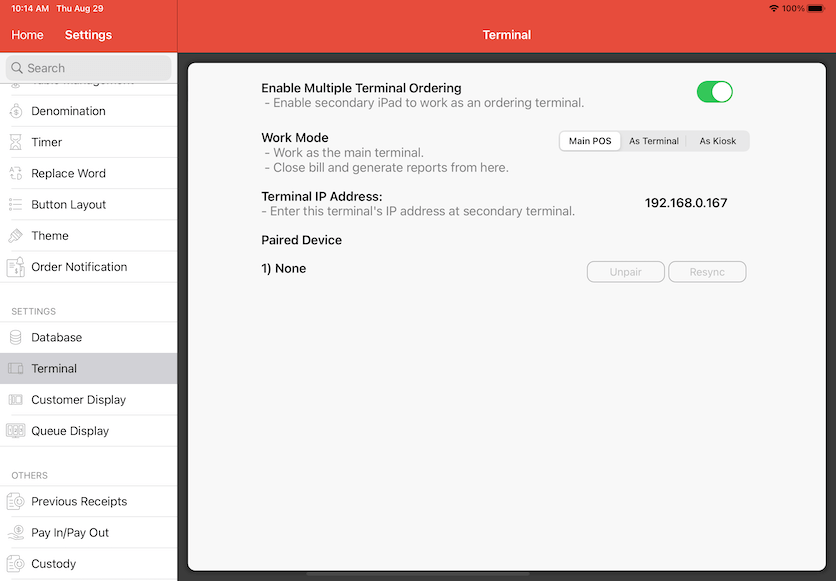 pos system 
                secondary terminal setup