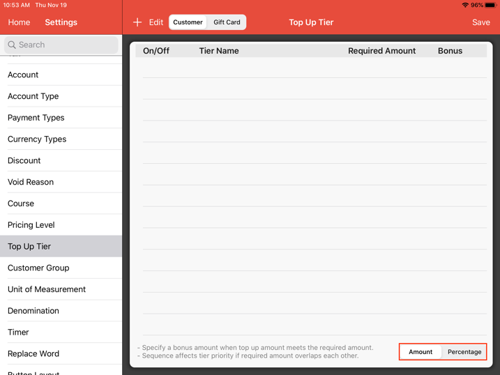 mobipos topup tier customer gift card amount percentage