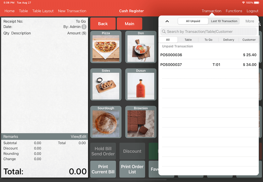 mobi pos system transaction list