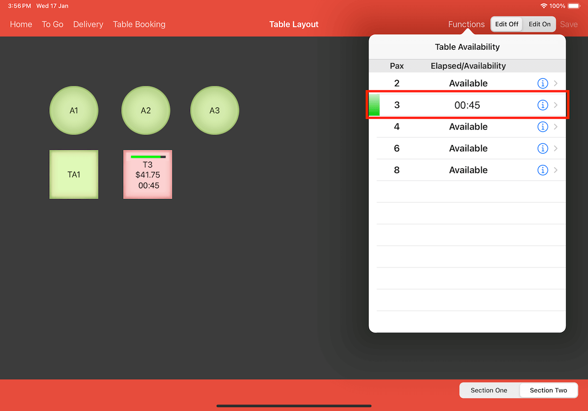 mobi-post display of turnover time for table availability green