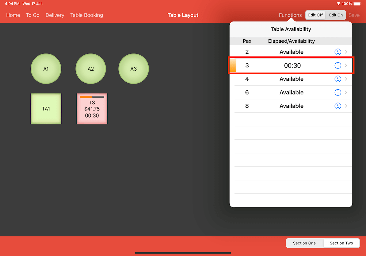 mobi-post display of turnover time for table availability orange