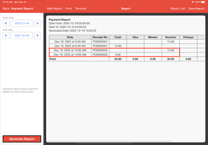 mobipos generate payment report