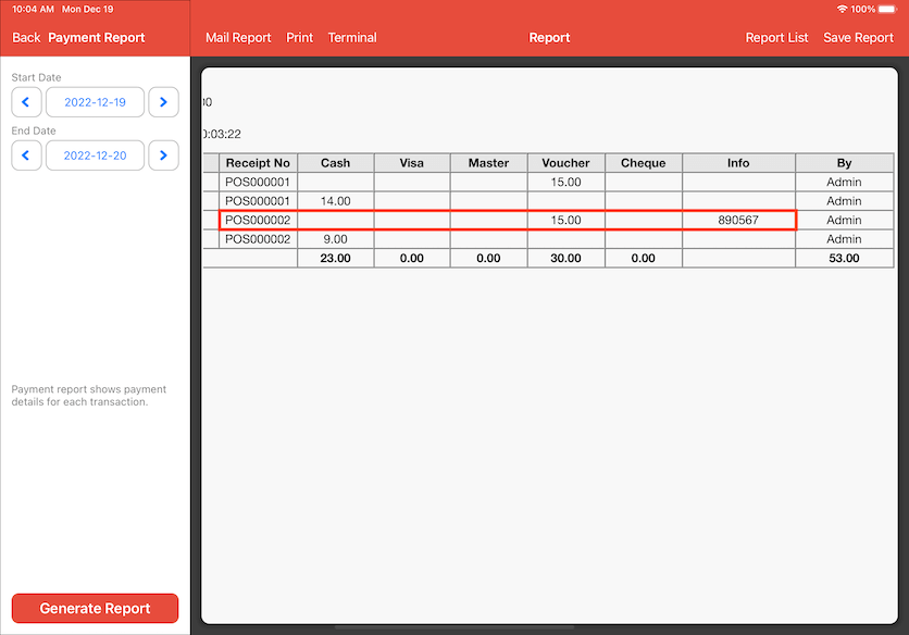 mobipos payment report voucher info