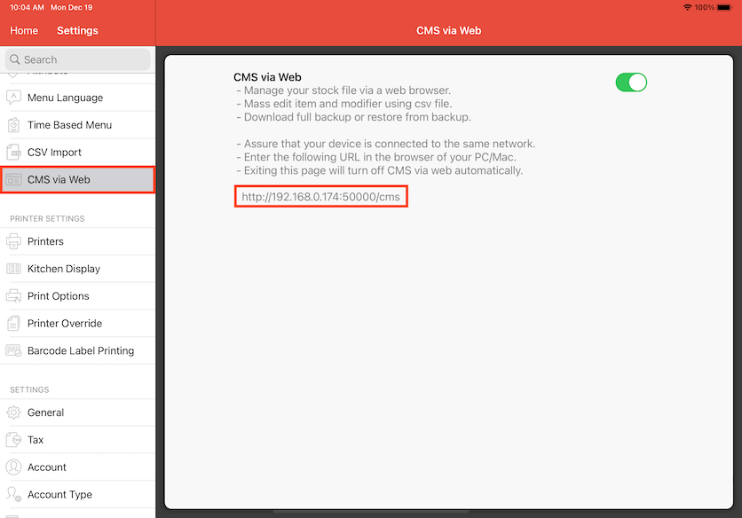 mobipos settings cms via web