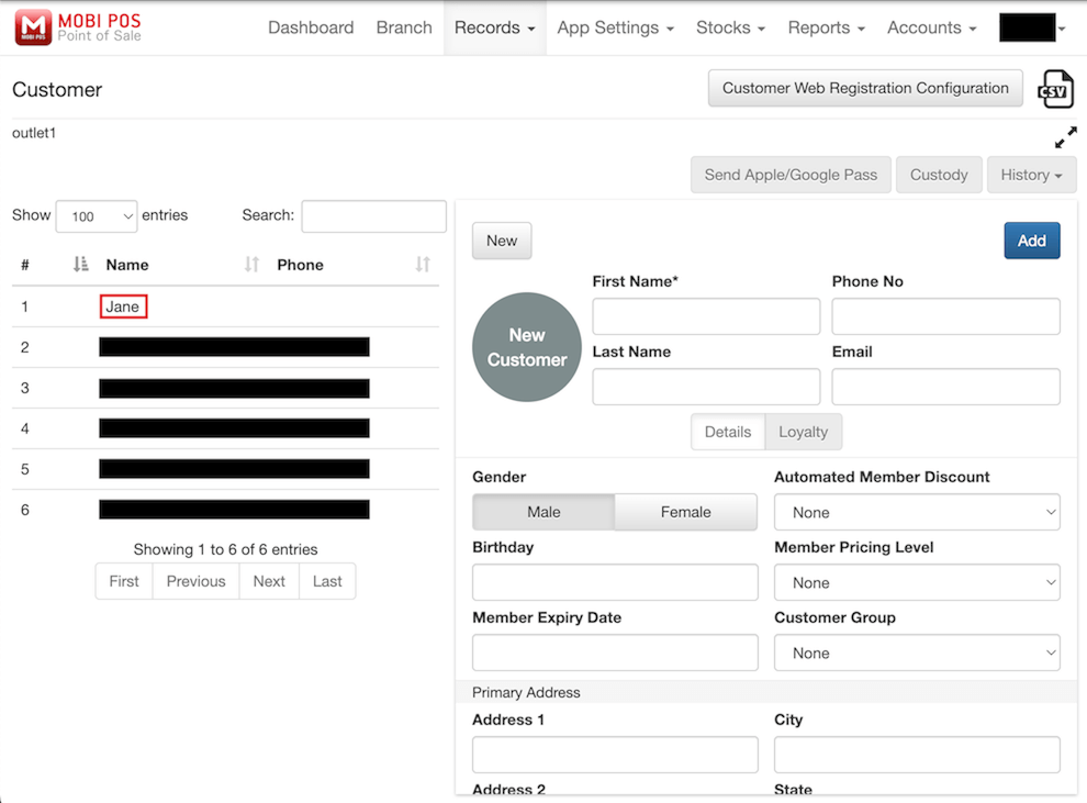 mobipos select customer to send pass