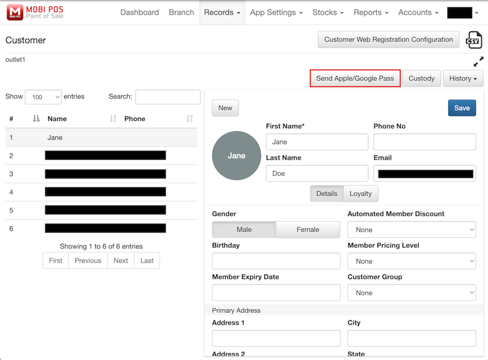 mobipos send pass to customer