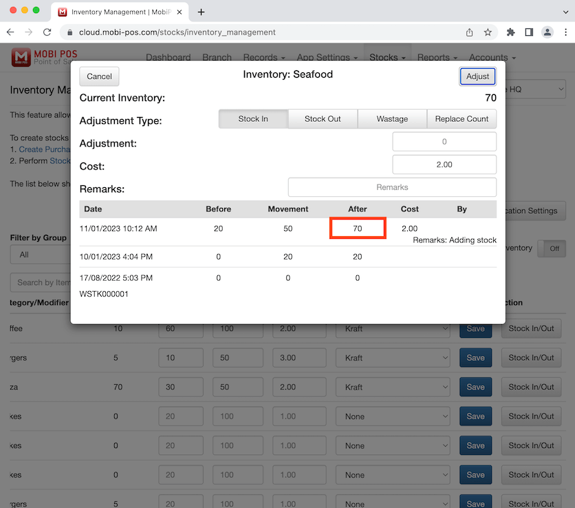 mobipos adjustment after stock in