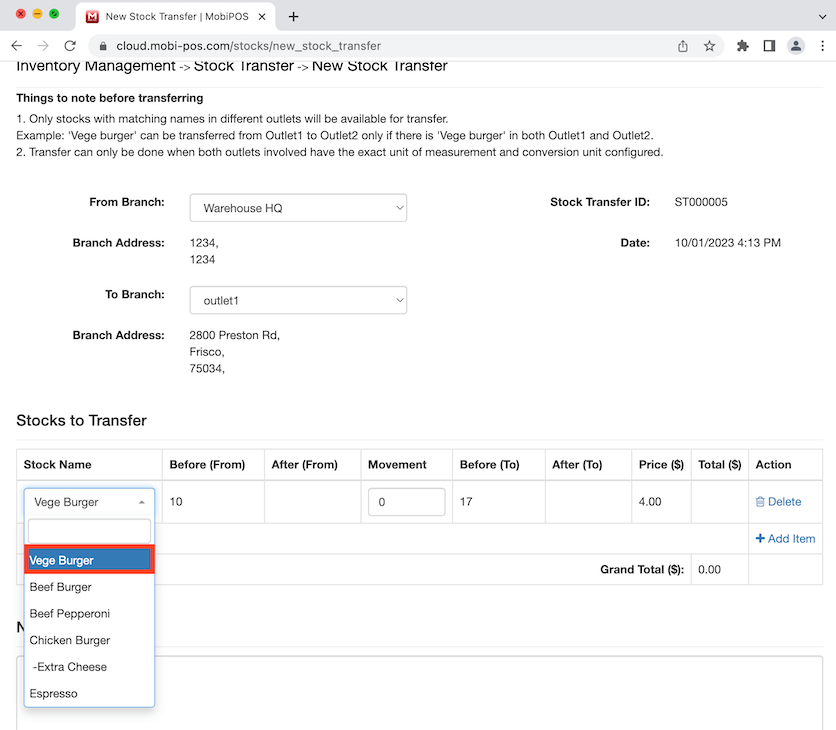 mobipos select item to transfer