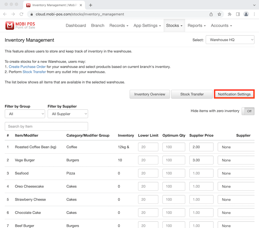 mobipos notification settings