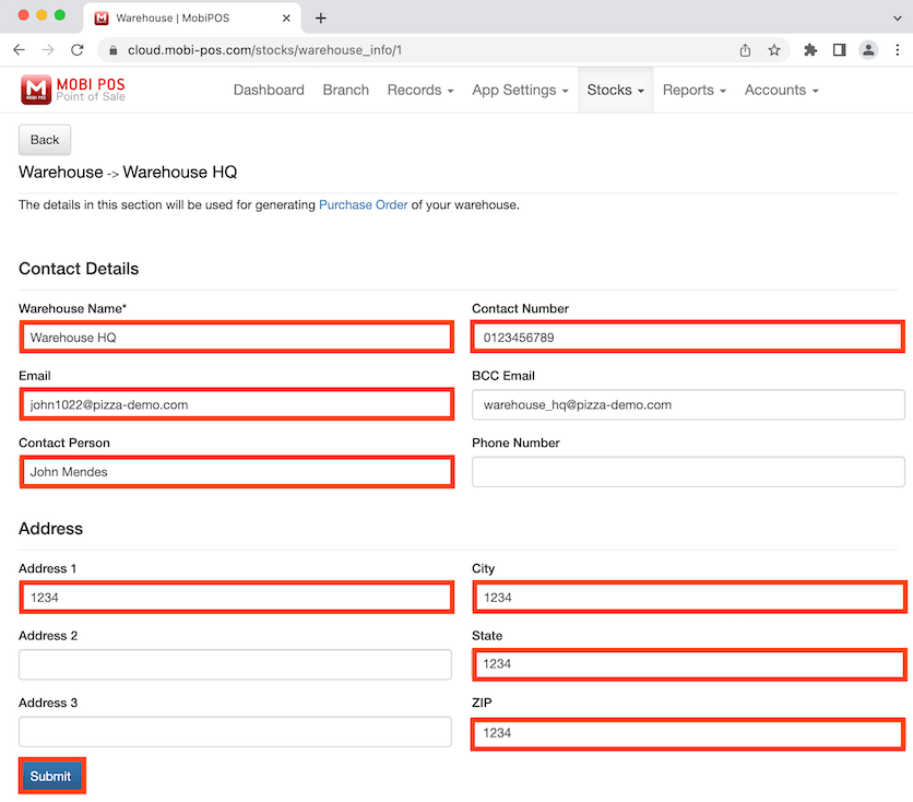 mobipos insert contact and address warehouse