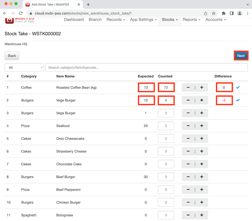 mobipos stock take difference