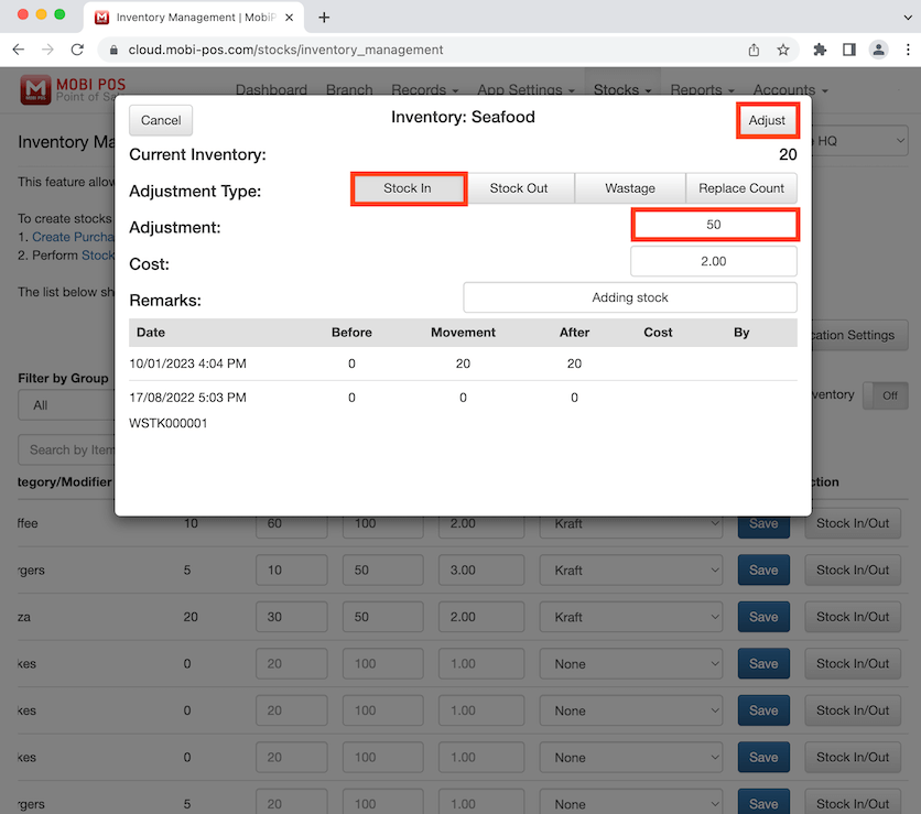 mobipos enter stock in amount