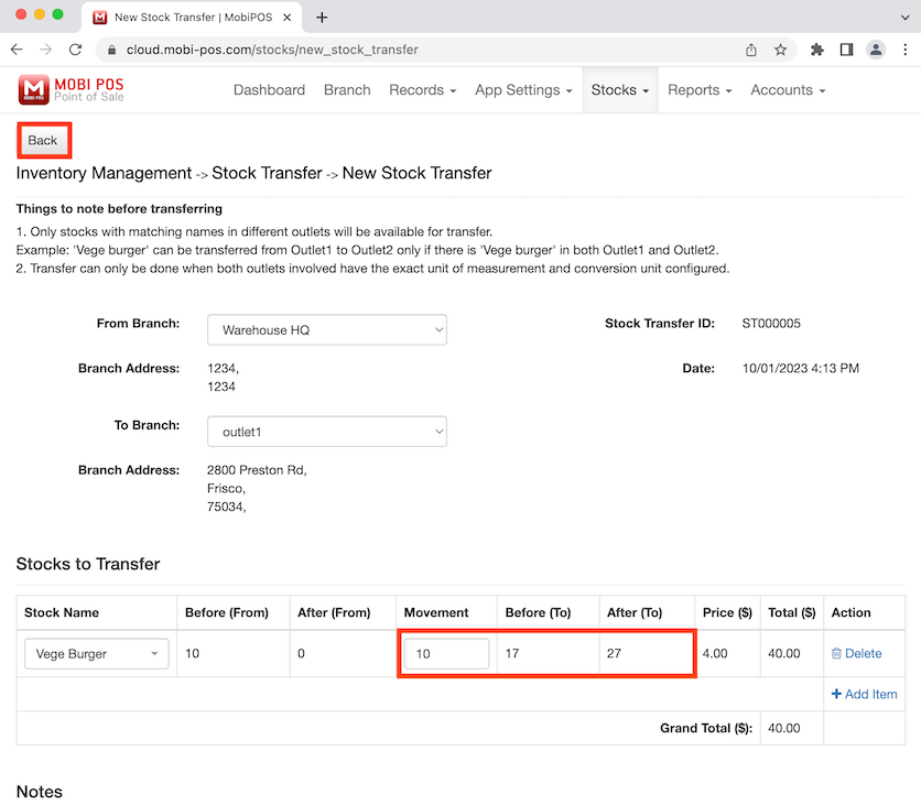 mobipos inventory adjusted stock transfer