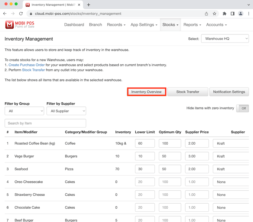 mobipos click inventory overview