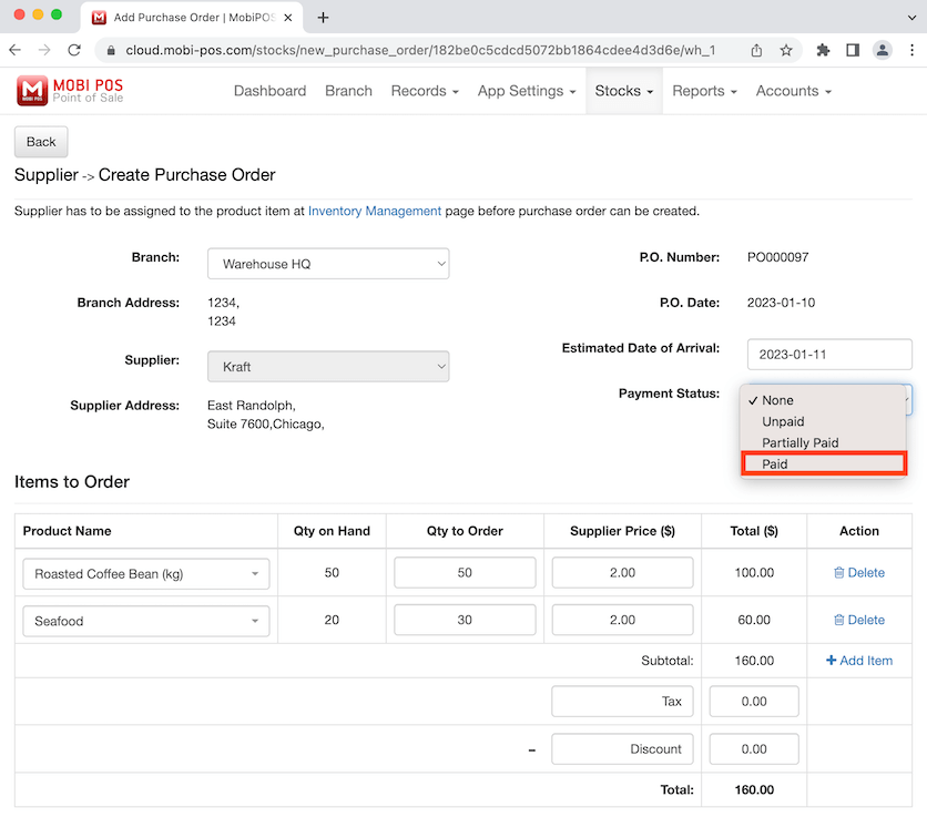 mobipos select payment status