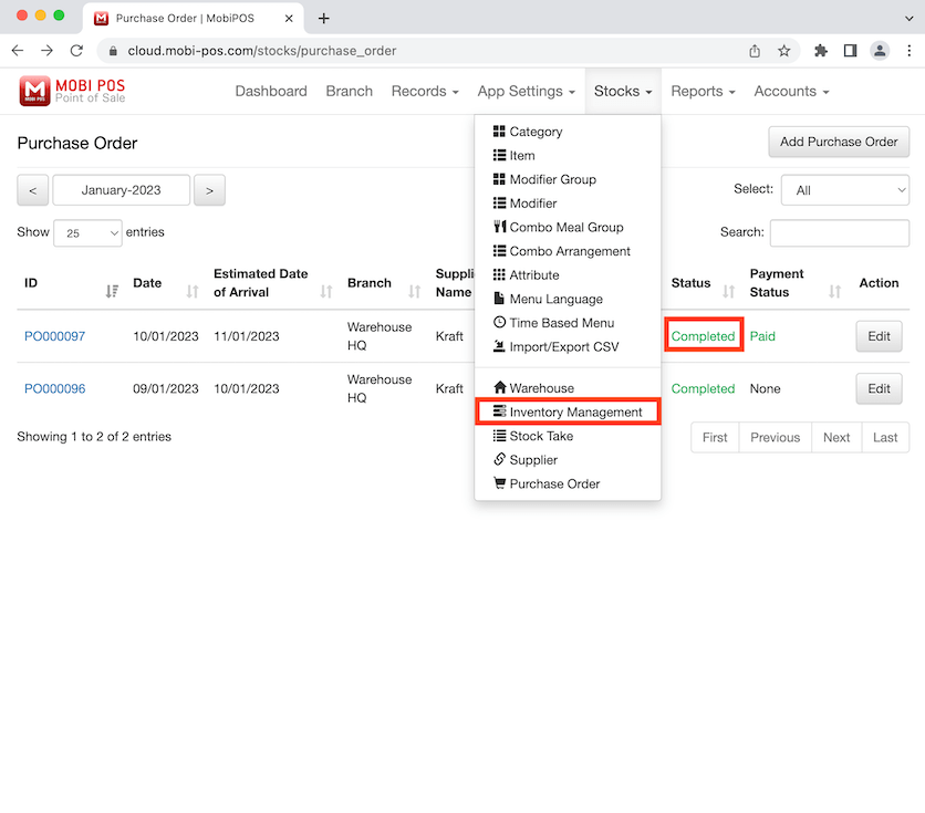 mobipos purchase order inventory changed