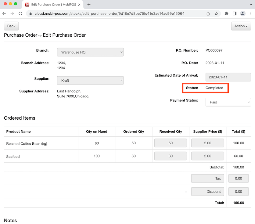 mobipos purchase order status completed