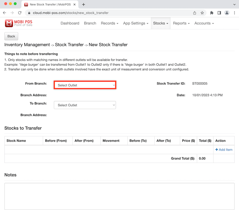 mobipos select from branch stock transfer