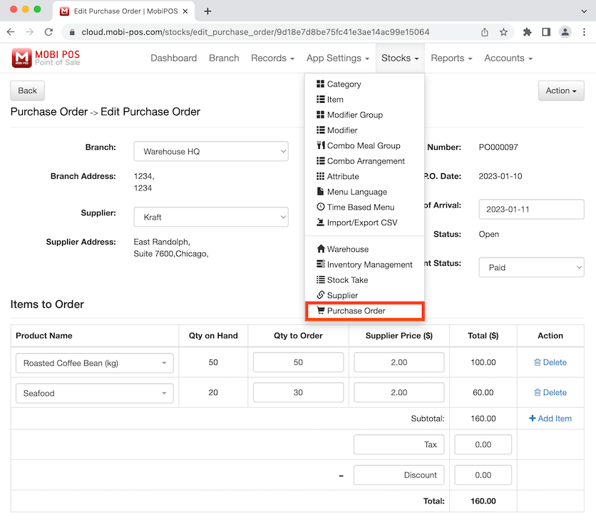 mobipos click purchase order