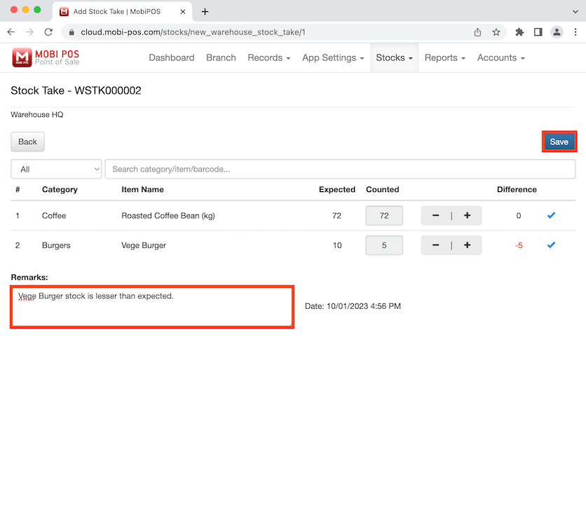 mobipos stock take remarks