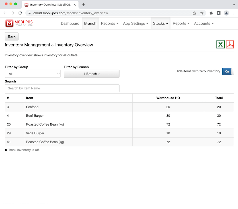 mobipos inventory table summary